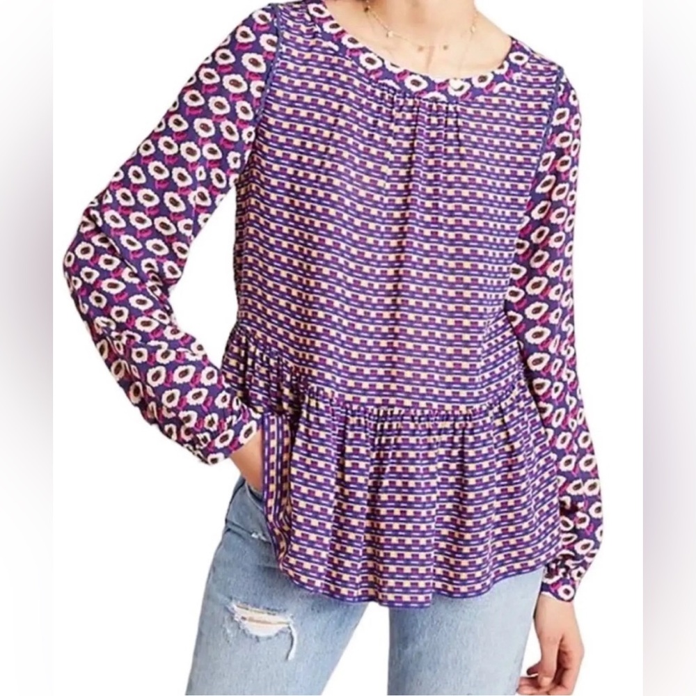 Anthropologie Maeve Cheyenne Peplum Multi-colored Long Sleeve Blouse.